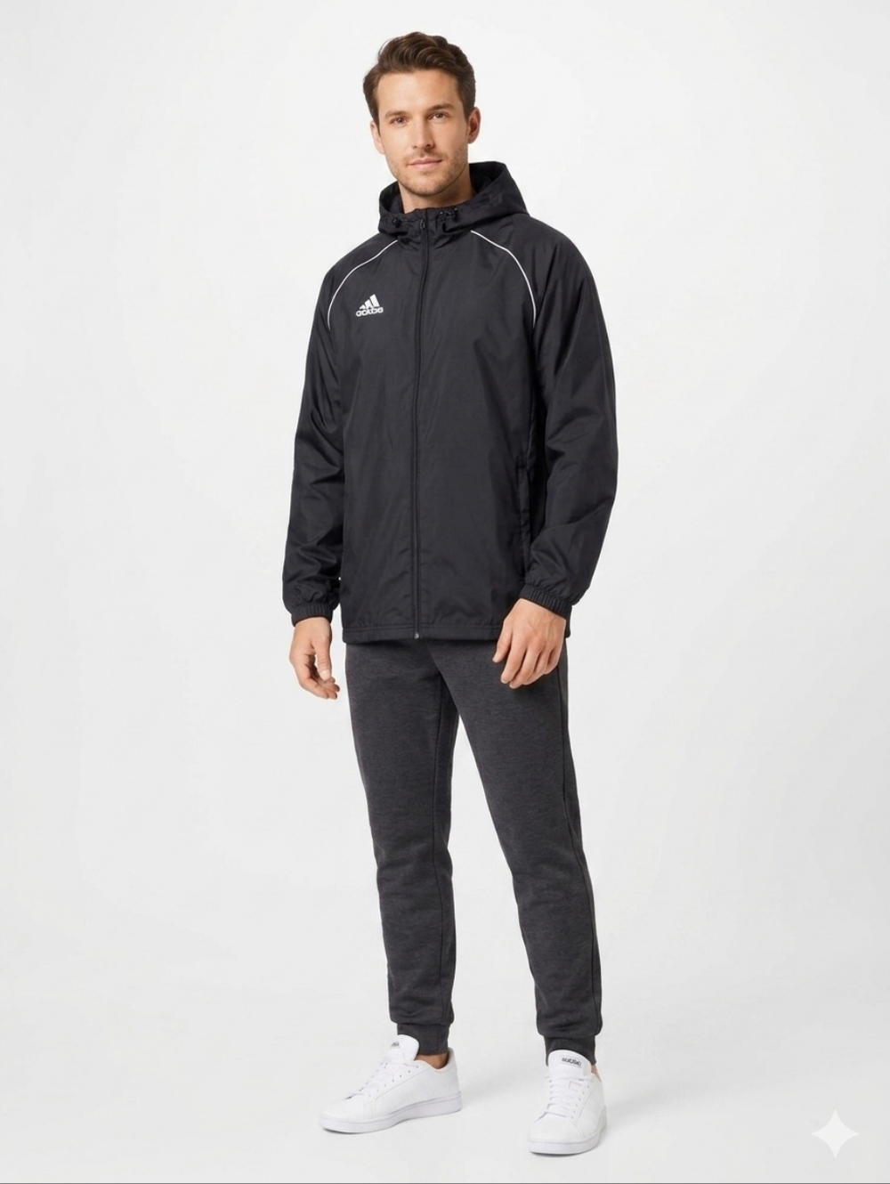 Adidas Core 18 Rain Windbreaker Rain Jacket Full Zip Hooded Sportswear In Black